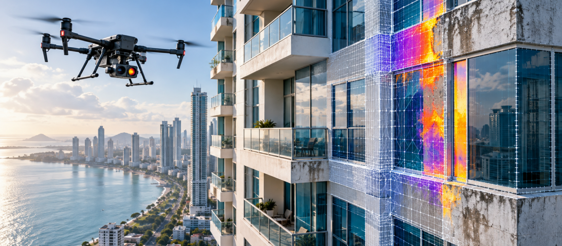 Inspección de fachadas con dron y termografía en edificio de Panamá